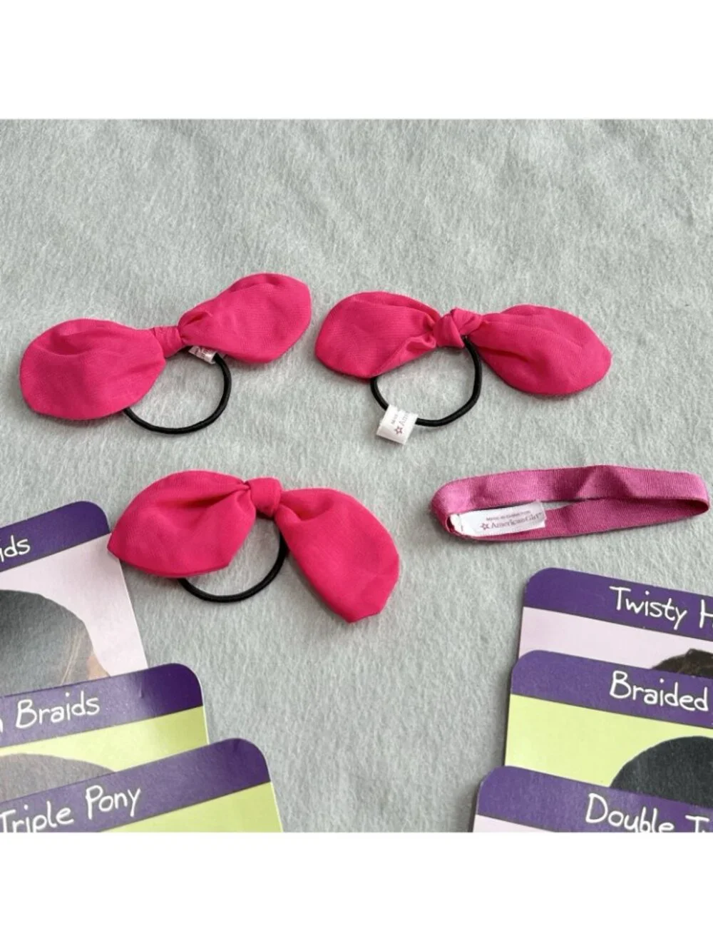 American Girl Hair Ties Fuchsia Bows Style Cards Braids Twists Loops Instruction